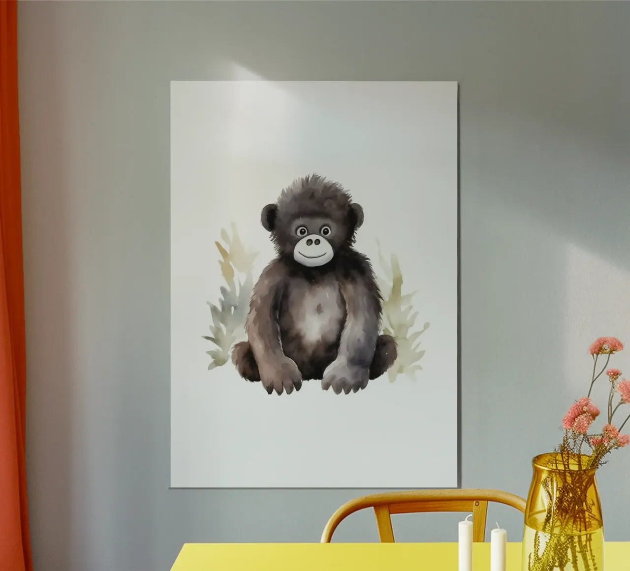 Stampa acquerellata di un simpatico gorilla - Arte vivaistica della giungla poster con telaio in plastica da ClubArt