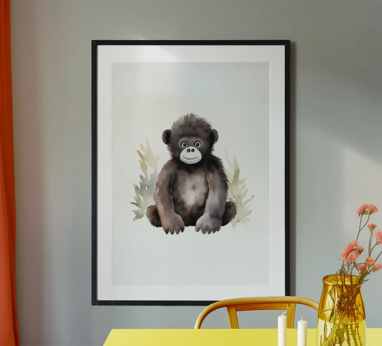 Stampa acquerellata di un simpatico gorilla - Arte vivaistica della giungla poster con telaio in plastica da ClubArt