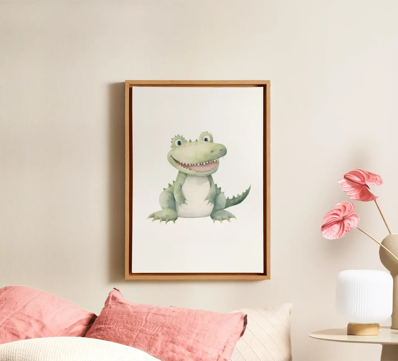 Glimlachende alligator aquarel kunstdruk - Speelse kinderdecoratie canvas met Baklijst van ClubArt