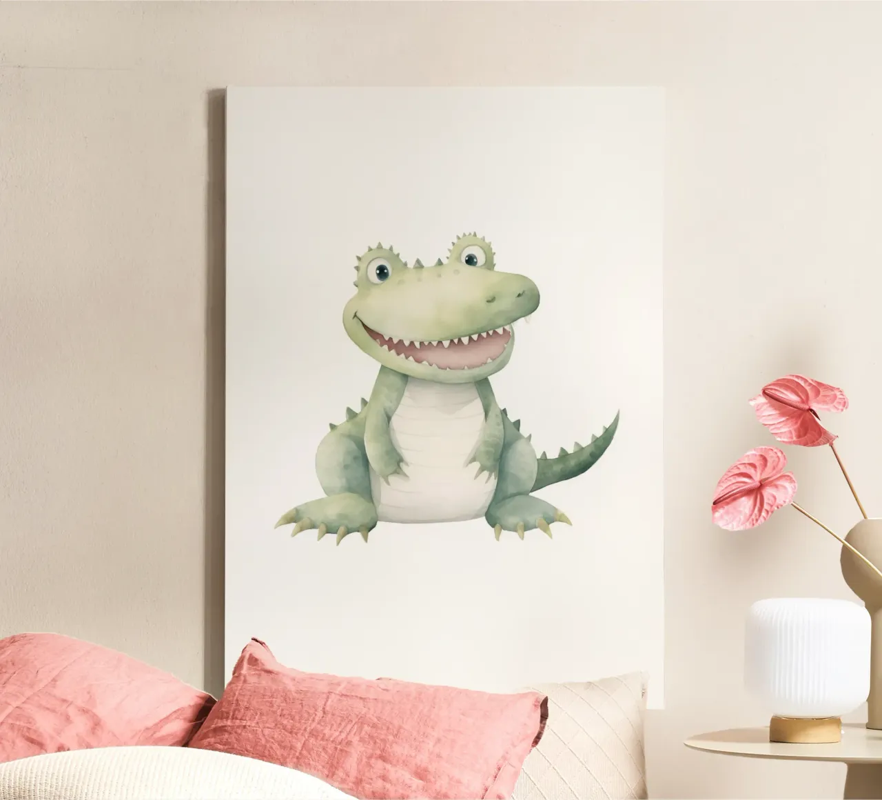 Glimlachende alligator aquarel kunstdruk - Speelse kinderdecoratie canvas met Baklijst van ClubArt