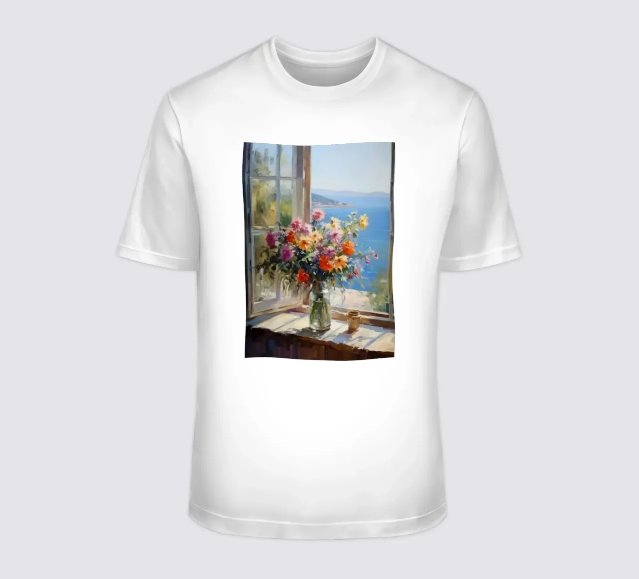 Flower vase on the window and sea view claude monet t-shirt by belong shop