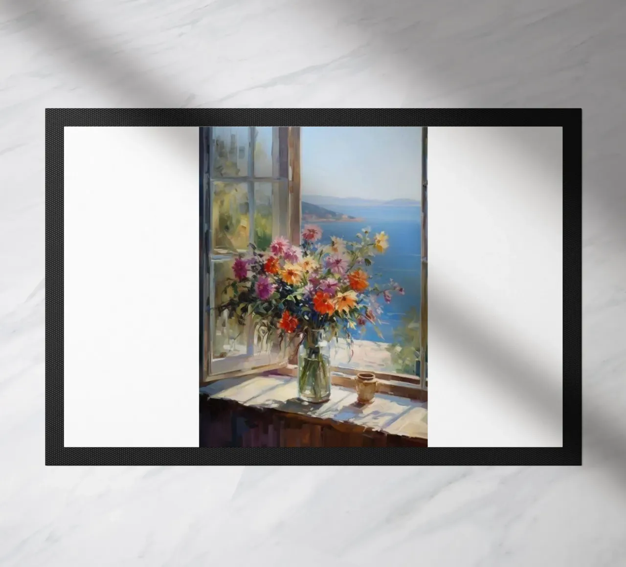 Flower vase on the window and sea view claude monet doormat by belong shop