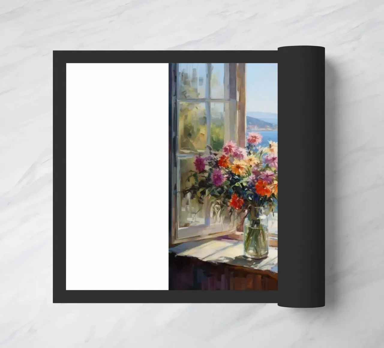 Flower vase on the window and sea view claude monet doormat by belong shop