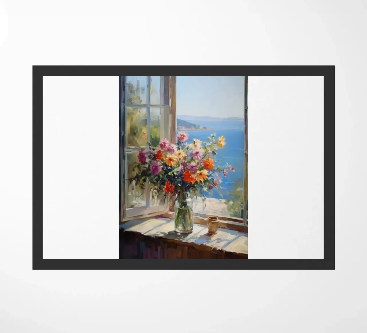 Flower vase on the window and sea view claude monet doormat by belong shop