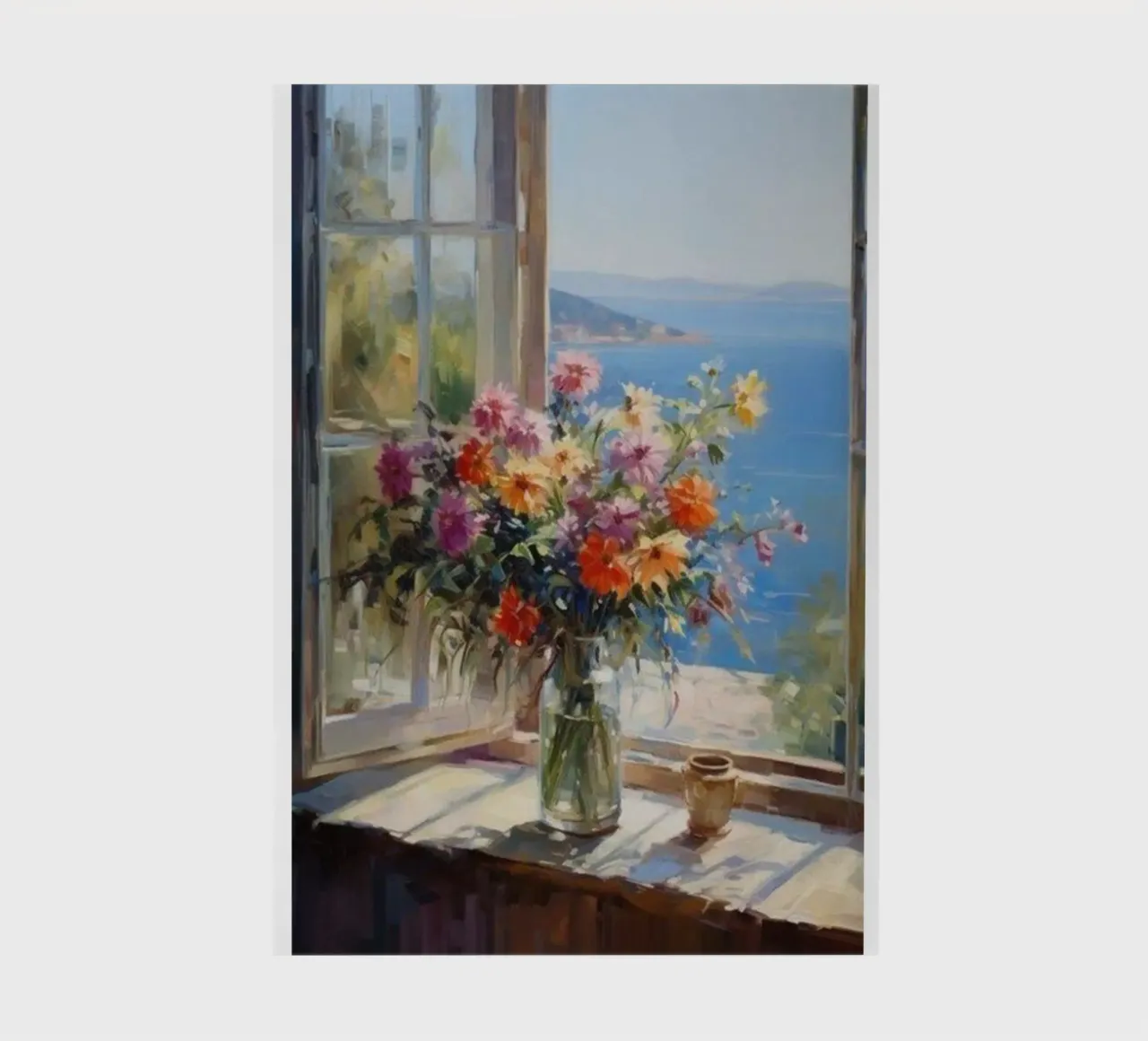 Flower vase on the window and sea view claude monet notebook by belong shop