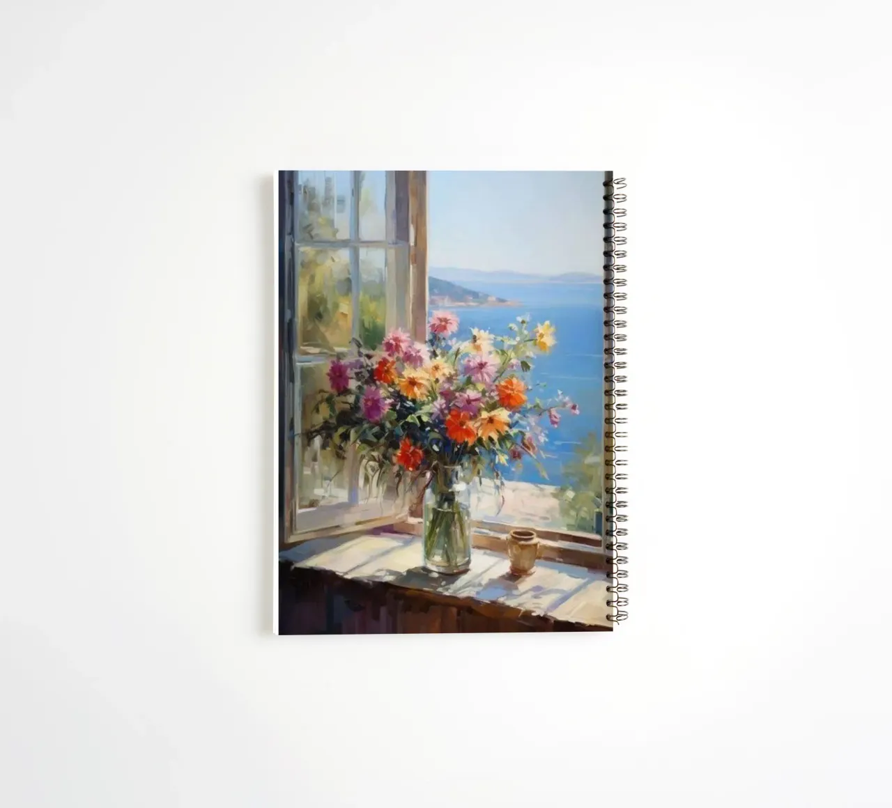 Flower vase on the window and sea view claude monet spiral notebook by belong shop