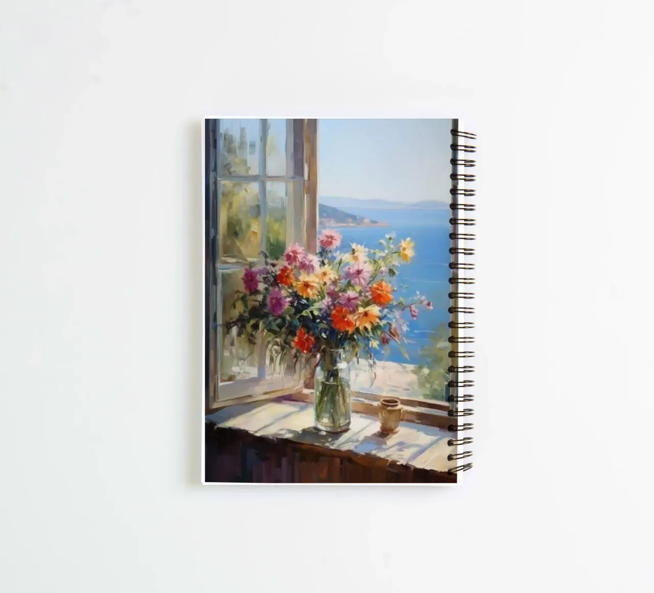Flower vase on the window and sea view claude monet spiral notebook by belong shop