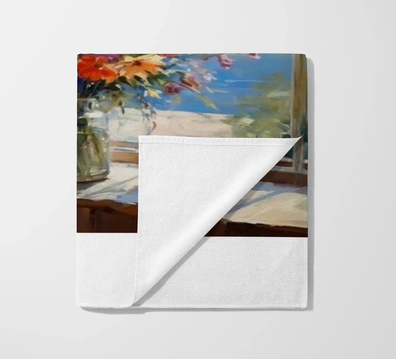 Flower vase on the window and sea view claude monet beach towel by belong shop