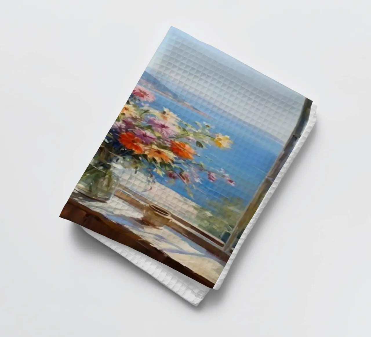 Vase de fleurs sur la fenêtre et vue sur la mer claude monet torchon de belong shop