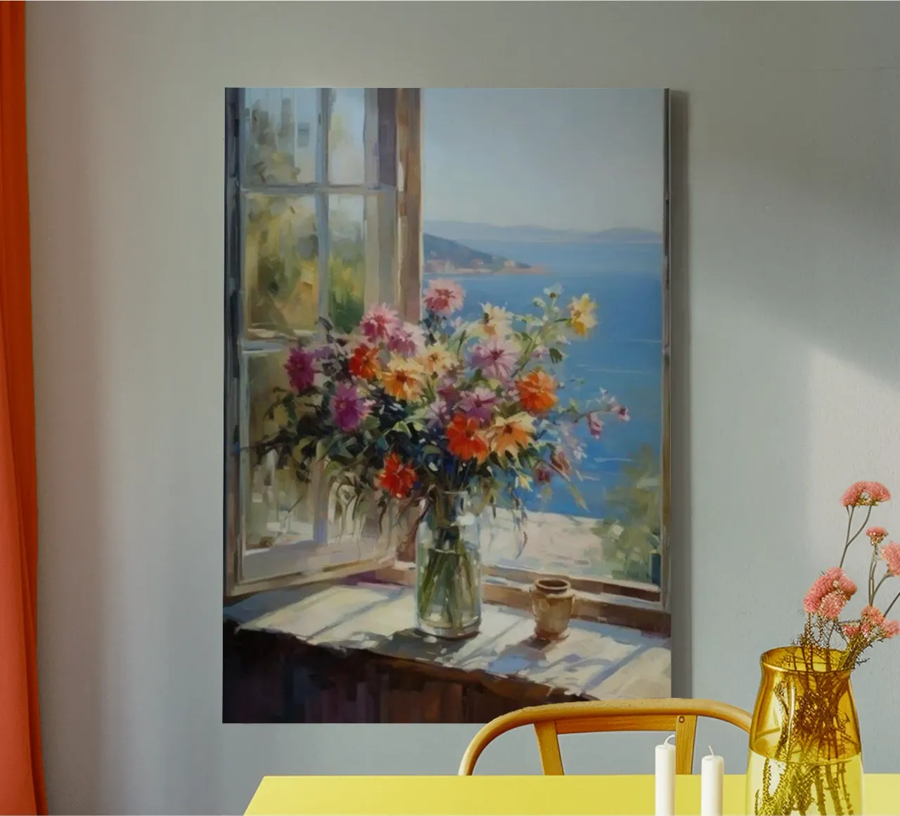 Flower vase on the window and sea view claude monet canvas by belong shop