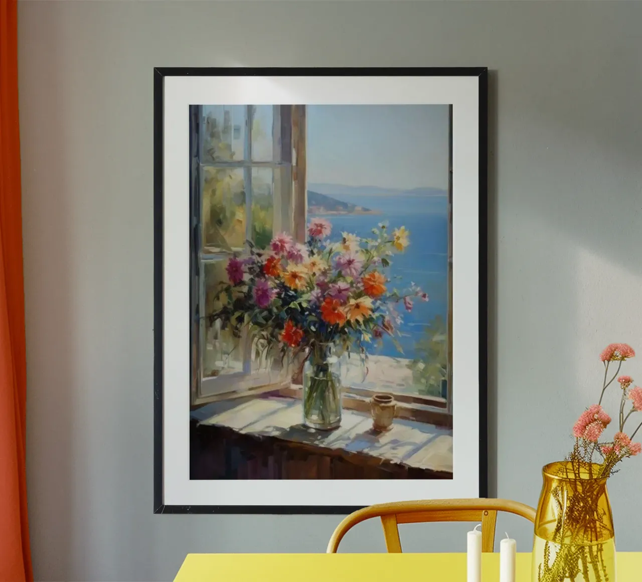 Vase de fleurs sur la fenêtre et vue sur la mer claude monet poster avec cadre en bois de belong shop