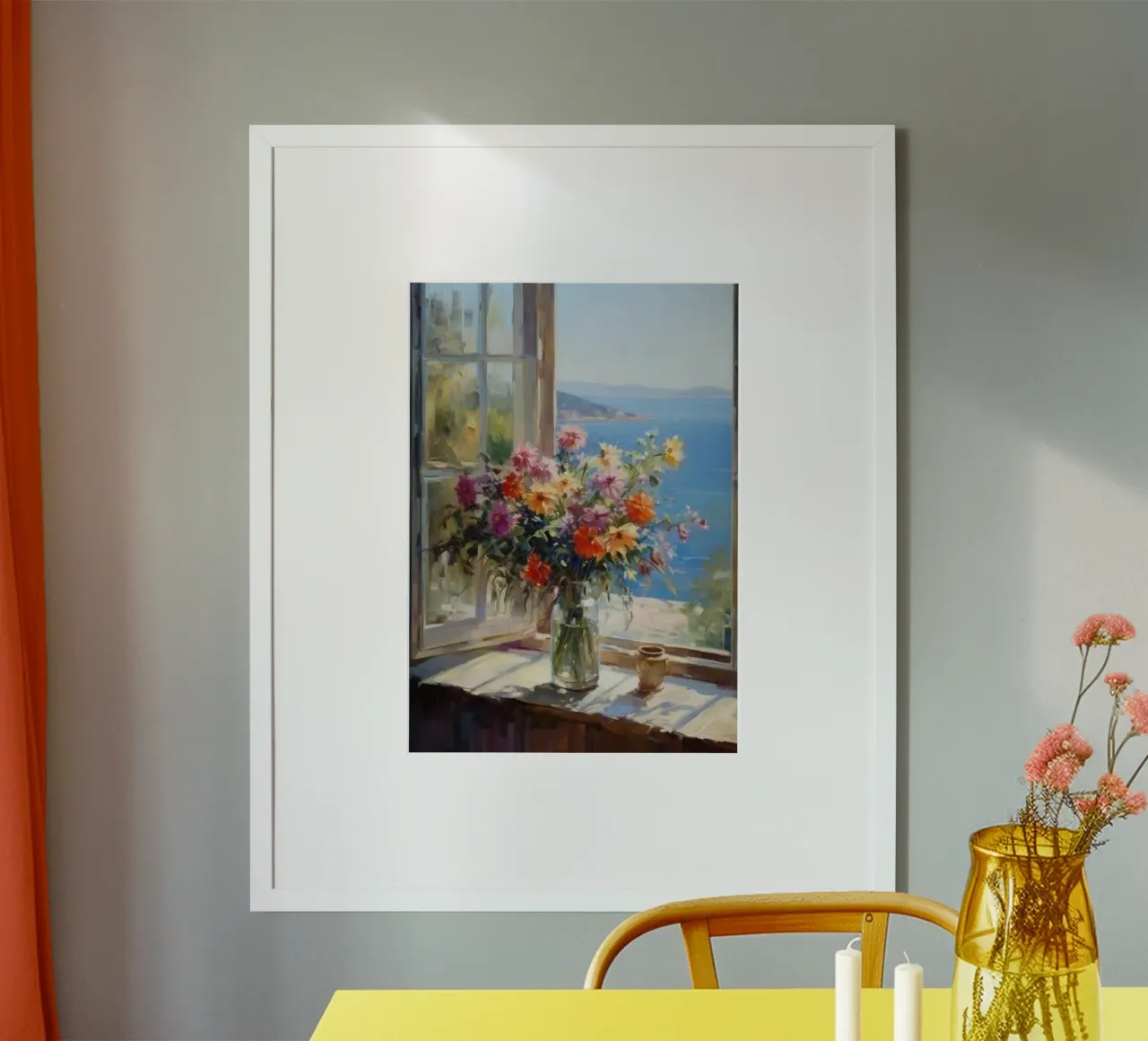 Vase de fleurs sur la fenêtre et vue sur la mer claude monet poster avec cadre en bois de belong shop