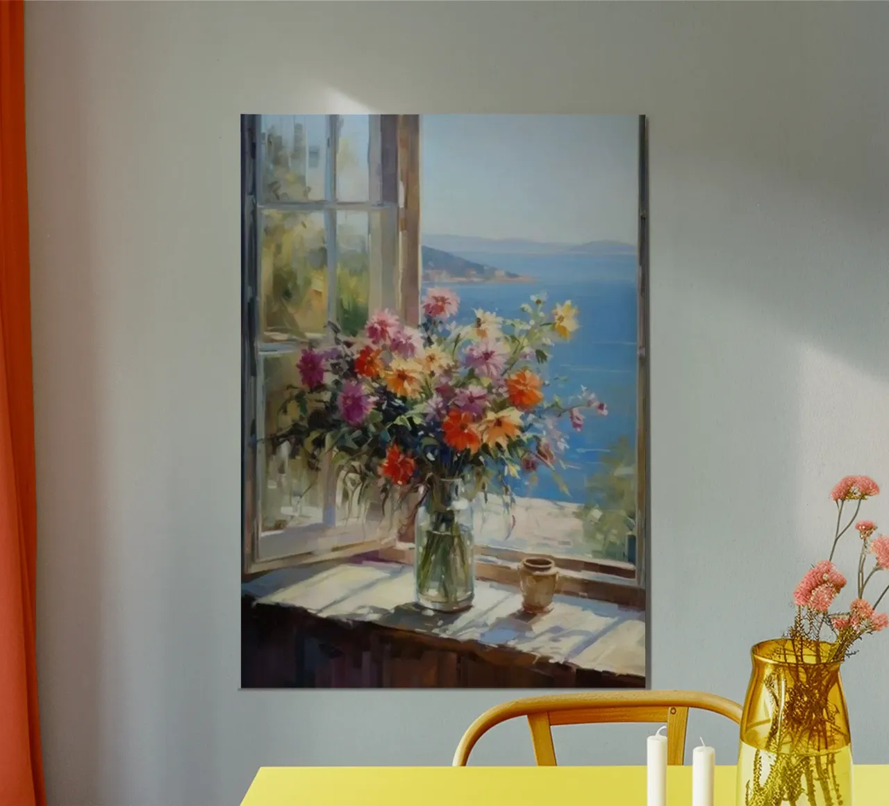 Vase de fleurs sur la fenêtre et vue sur la mer claude monet poster avec cadre en bois de belong shop