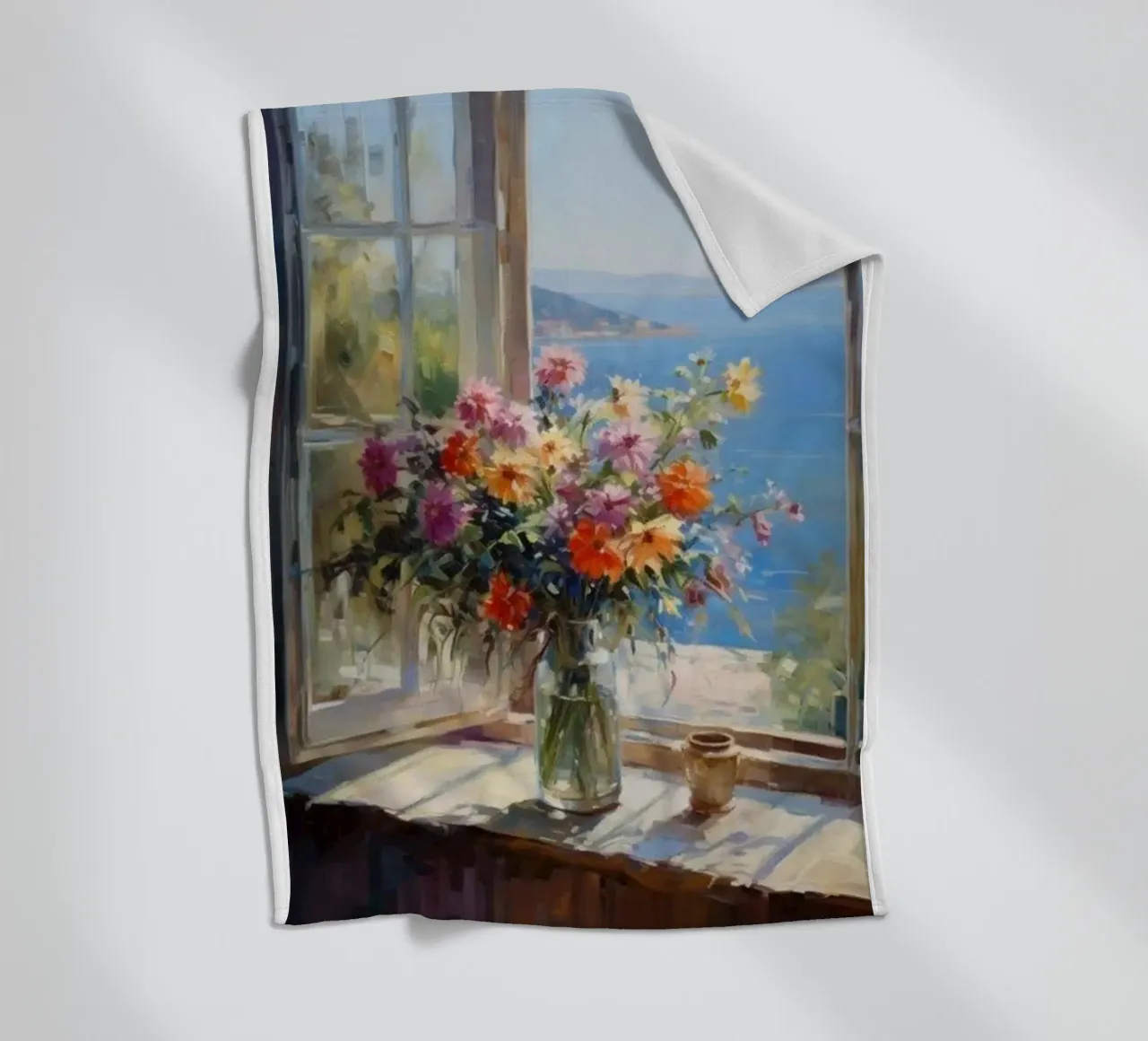 Flower vase on the window and sea view claude monet fleece blanket by belong shop