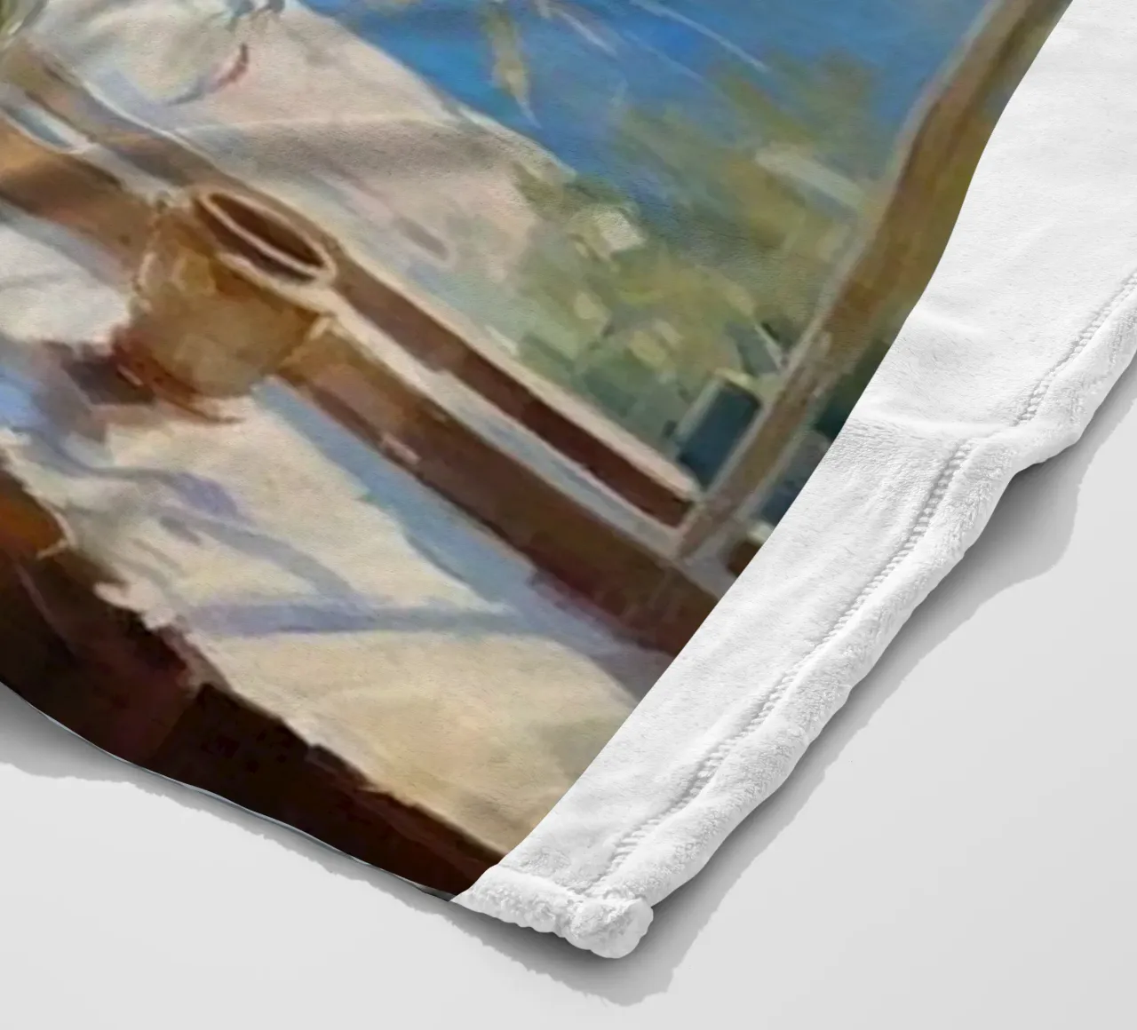 Flower vase on the window and sea view claude monet fleece blanket by belong shop