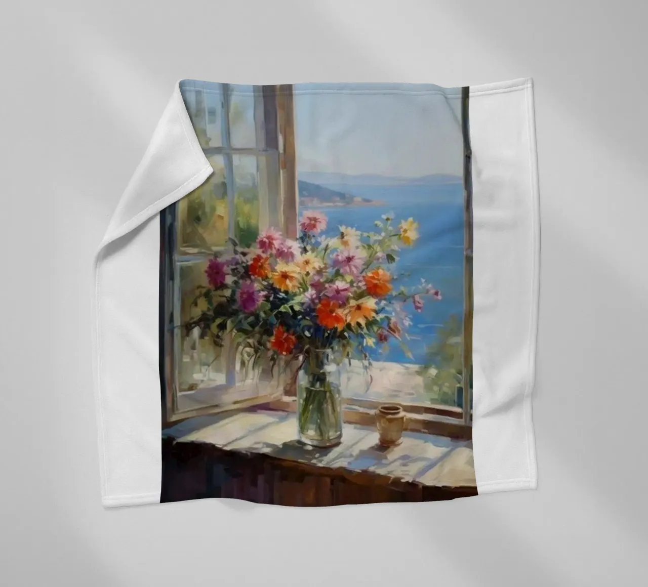 Flower vase on the window and sea view claude monet fleece blanket by belong shop