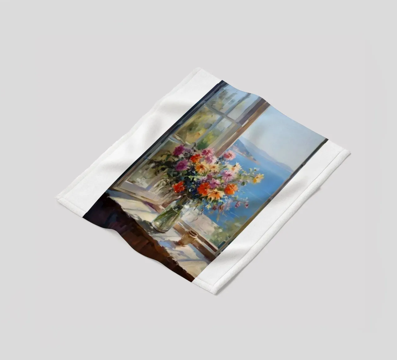 Flower vase on the window and sea view claude monet fleece blanket by belong shop
