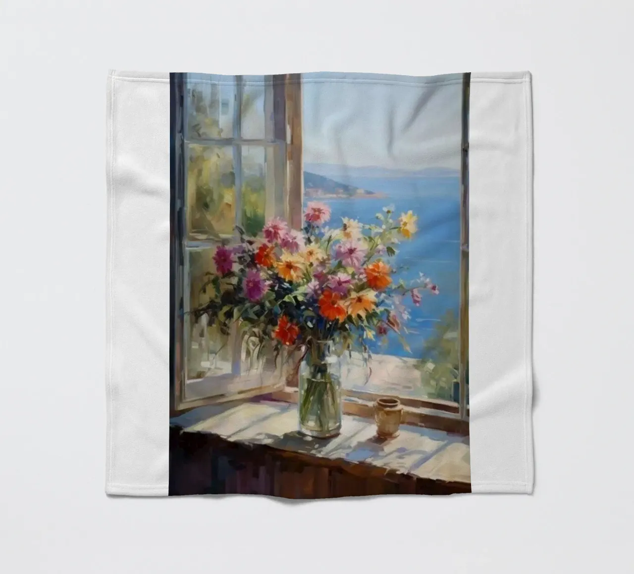 Flower vase on the window and sea view claude monet fleece blanket by belong shop