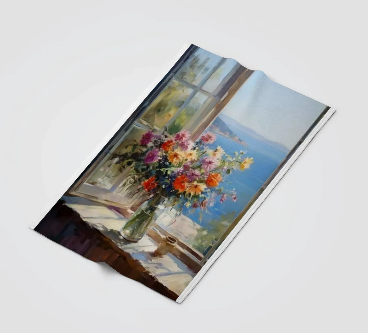 Flower vase on the window and sea view claude monet fleece blanket by belong shop