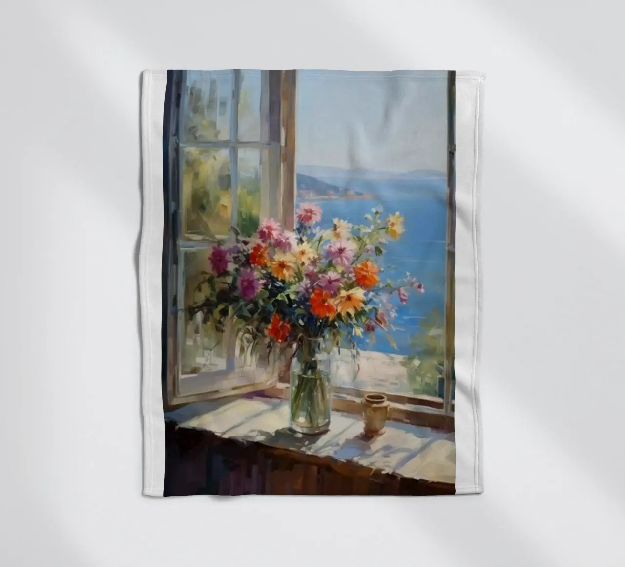Flower vase on the window and sea view claude monet fleece blanket by belong shop