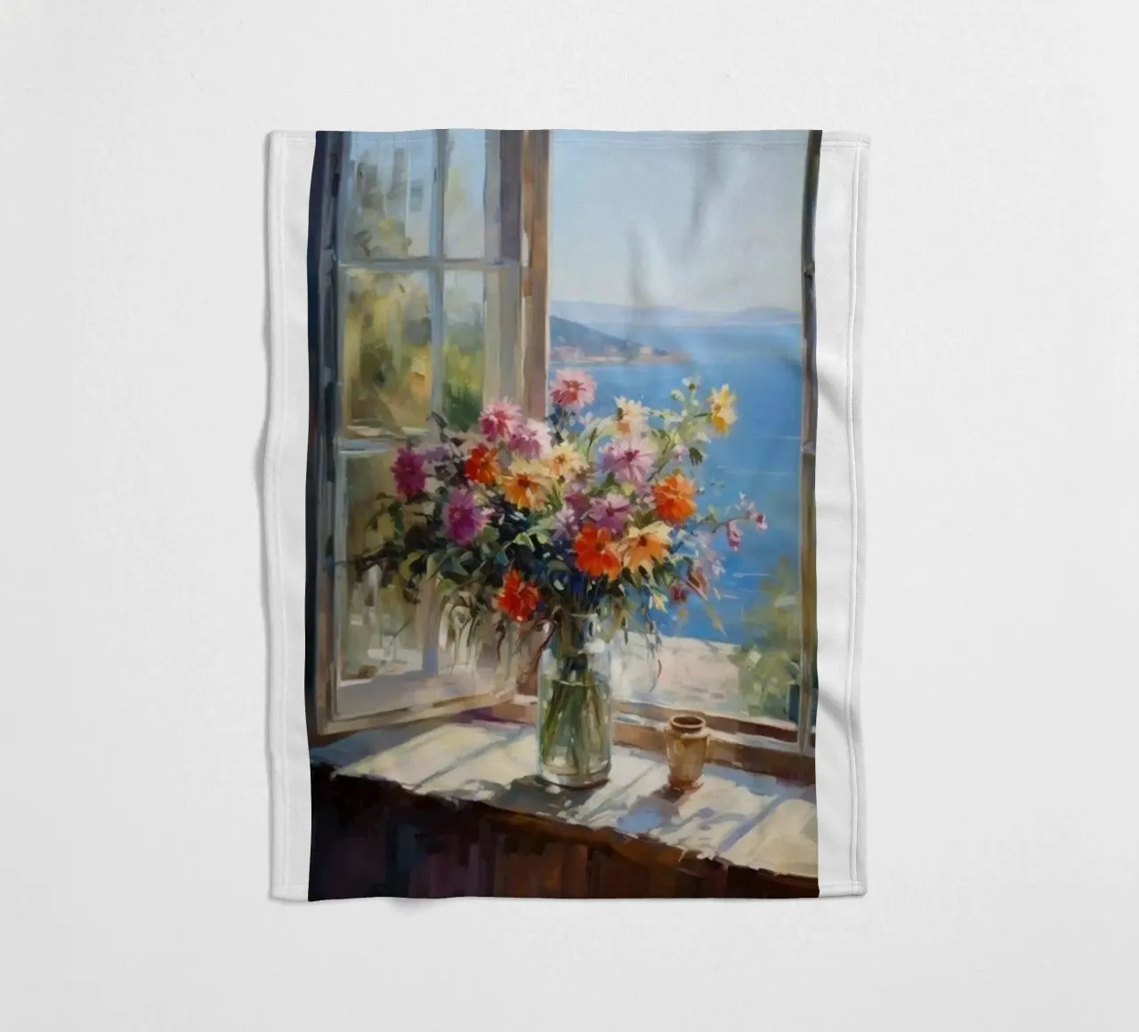 Flower vase on the window and sea view claude monet fleece blanket by belong shop