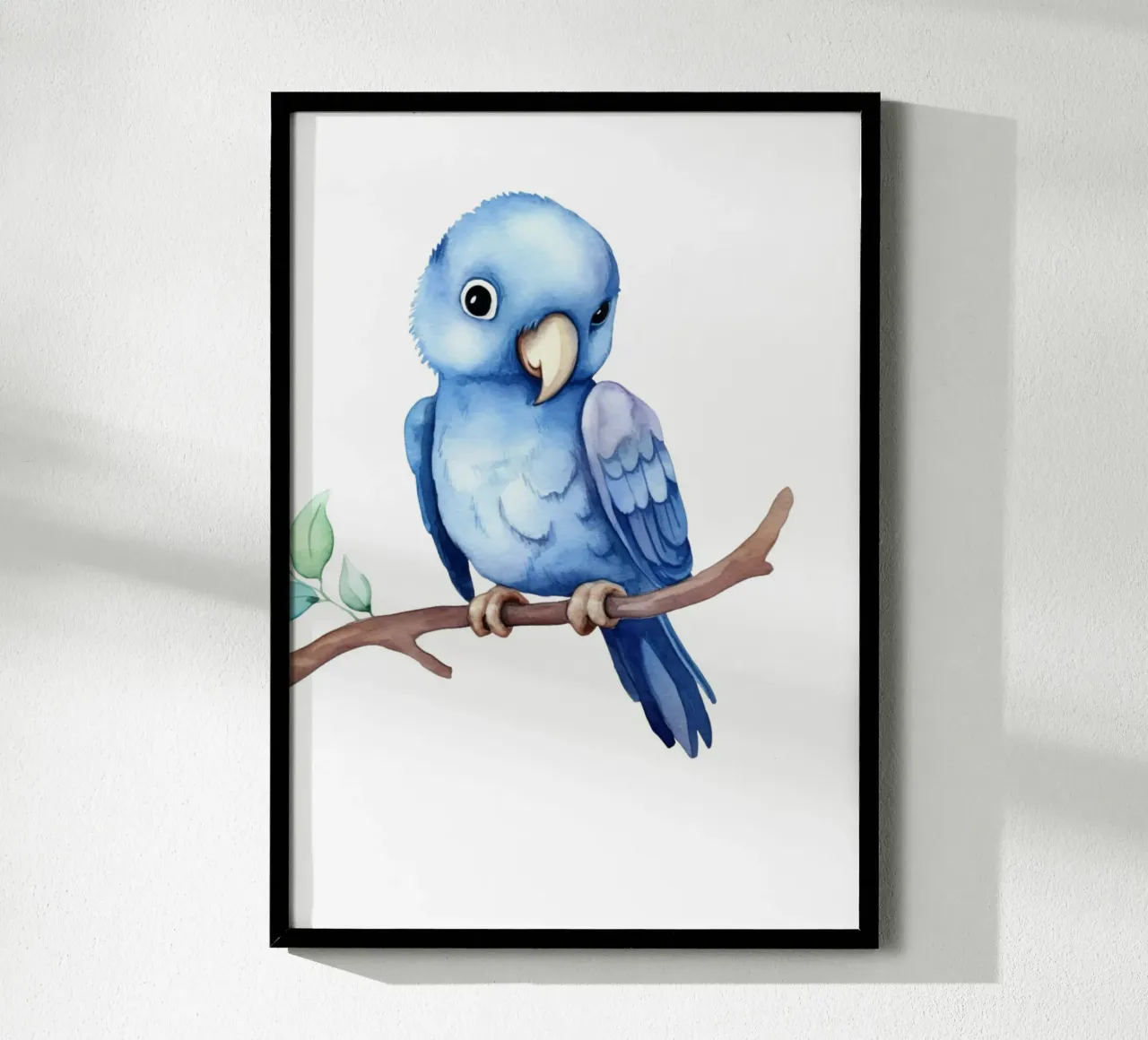 Stampa acquerellata di un simpatico pappagallo blu - Decorazione tropicale per la camera dei bambini poster con telaio in alluminio da ClubArt
