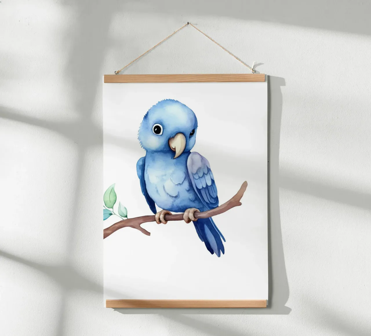 Stampa acquerellata di un simpatico pappagallo blu - Decorazione tropicale per la camera dei bambini poster con telaio in alluminio da ClubArt
