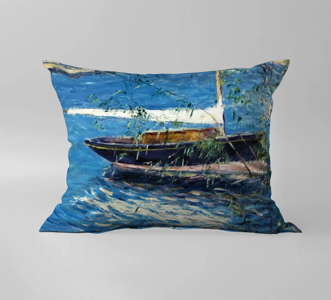 La barca di Claude Monet ormeggiata sulla Senna ad Argenteuil cuscino da Monet Art Prints