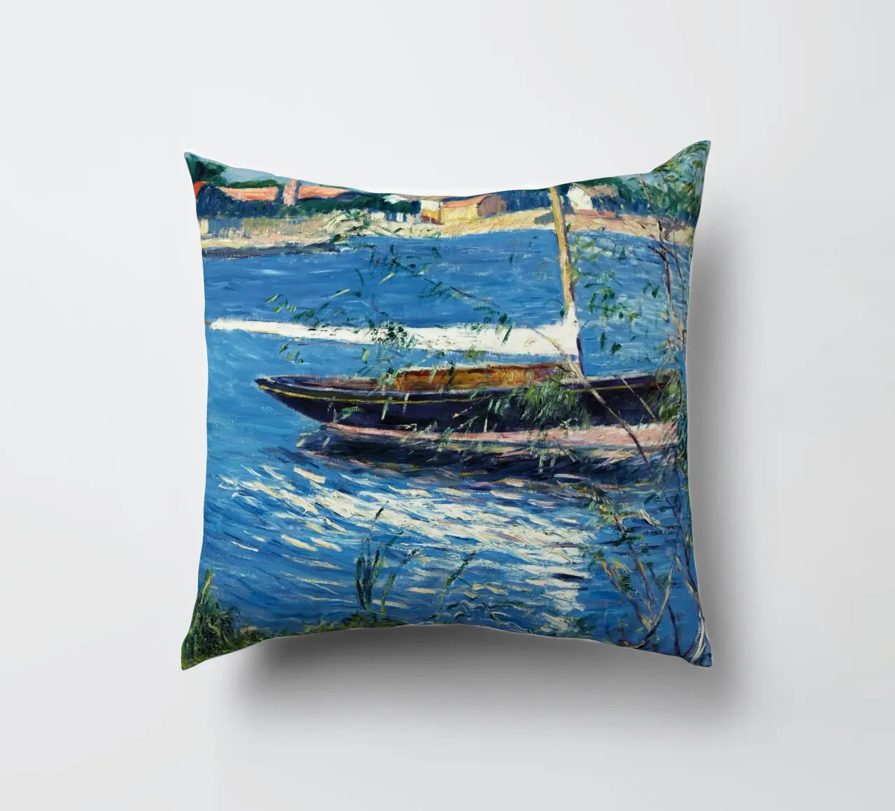 La barca di Claude Monet ormeggiata sulla Senna ad Argenteuil cuscino da Monet Art Prints