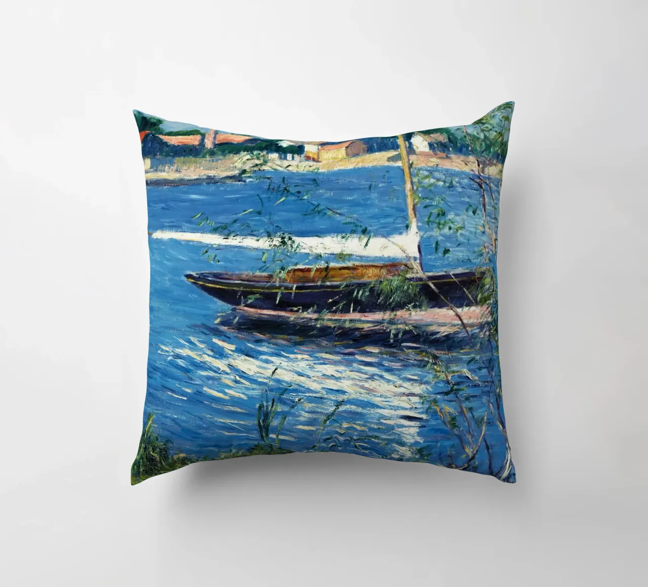 La barca di Claude Monet ormeggiata sulla Senna ad Argenteuil cuscino da Monet Art Prints