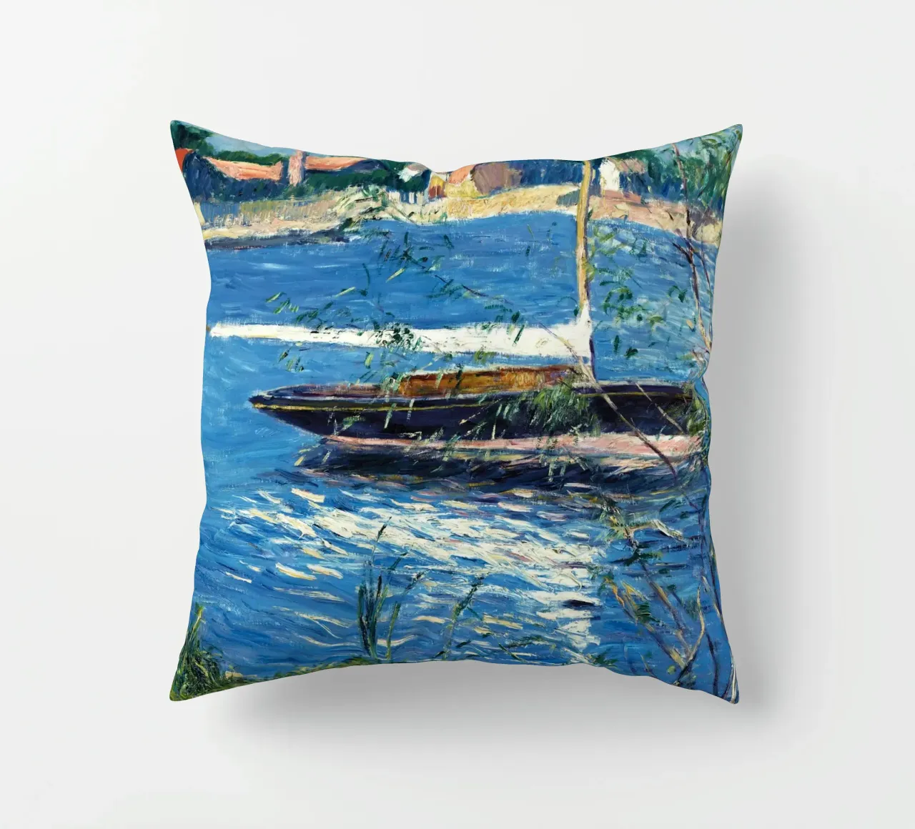La barca di Claude Monet ormeggiata sulla Senna ad Argenteuil cuscino da Monet Art Prints