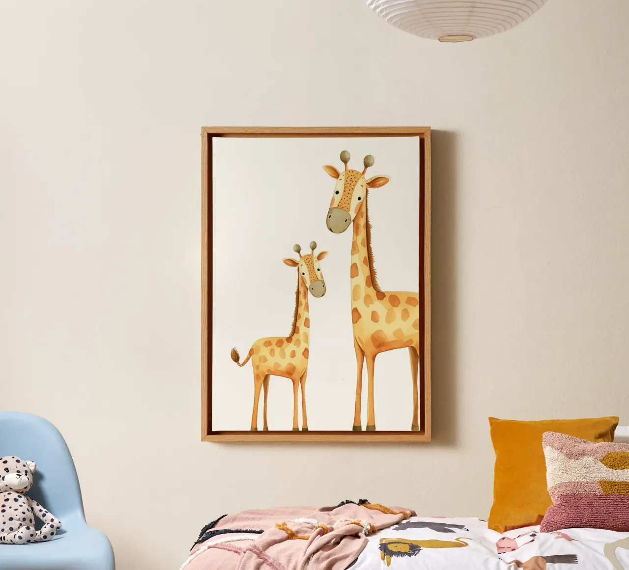 Madre y bebé jirafa acuarela - Safari Nursery Print lienzo con Marco flotante de ClubArt