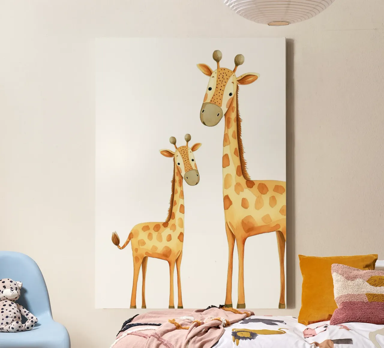 Madre y bebé jirafa acuarela - Safari Nursery Print lienzo con Marco flotante de ClubArt