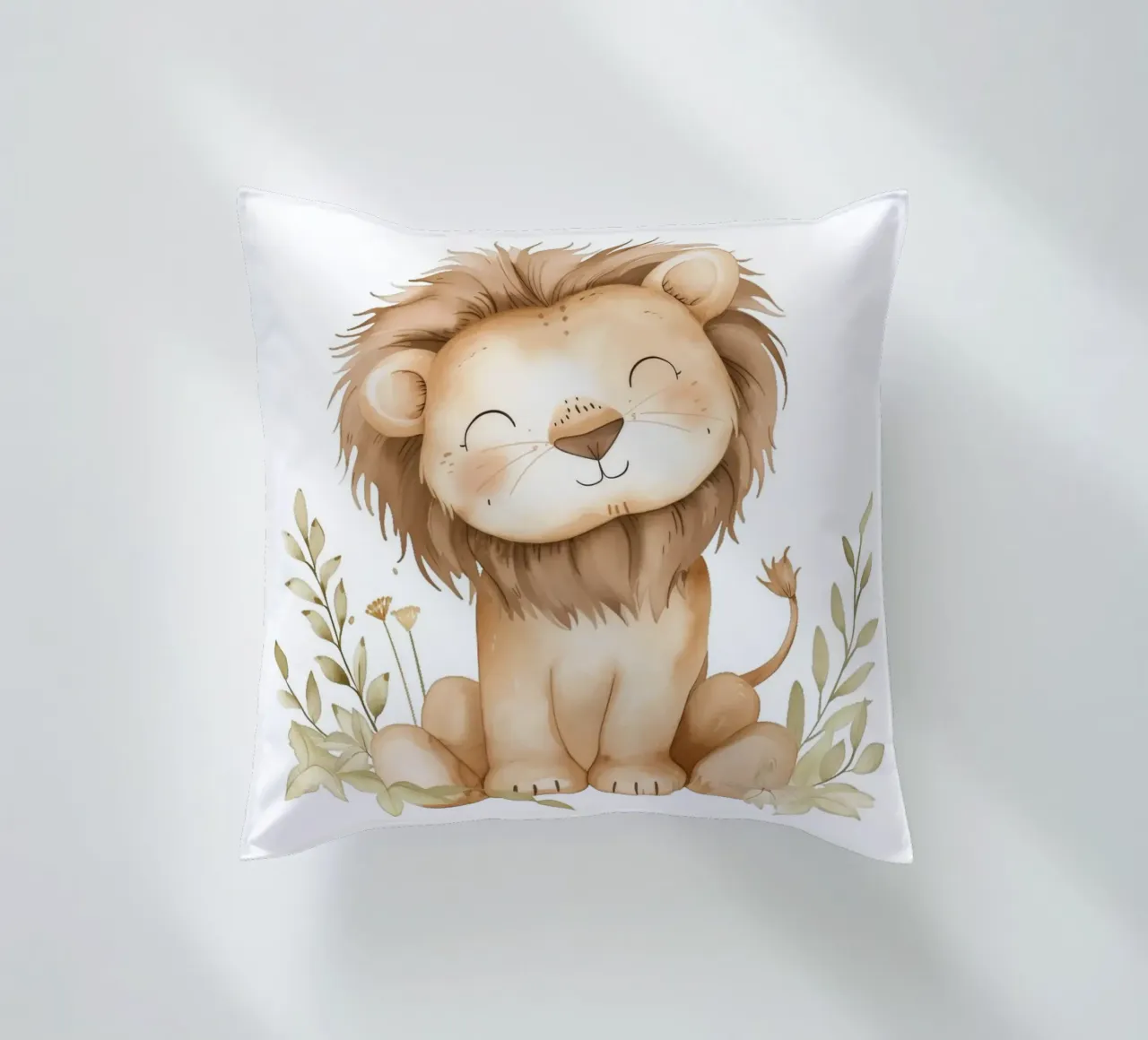 Stampa acquerellata di un leone sorridente - Vivaio Boho Safari cuscino da ClubArt