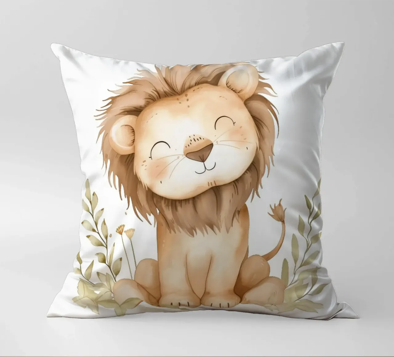 Stampa acquerellata di un leone sorridente - Vivaio Boho Safari cuscino da ClubArt