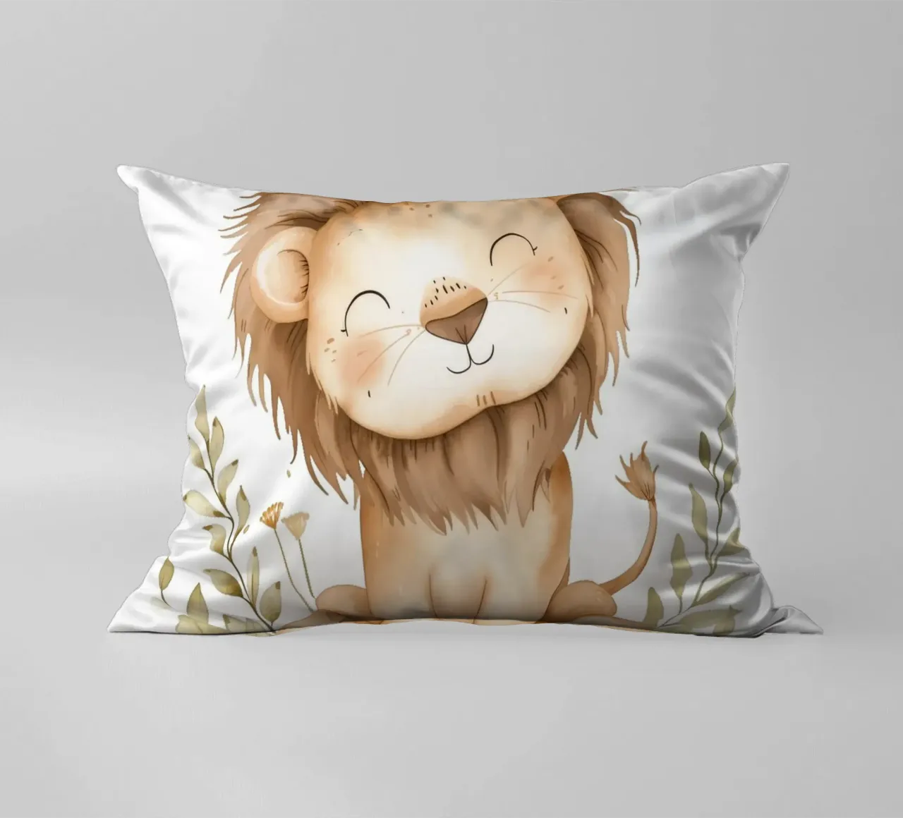 Stampa acquerellata di un leone sorridente - Vivaio Boho Safari cuscino da ClubArt