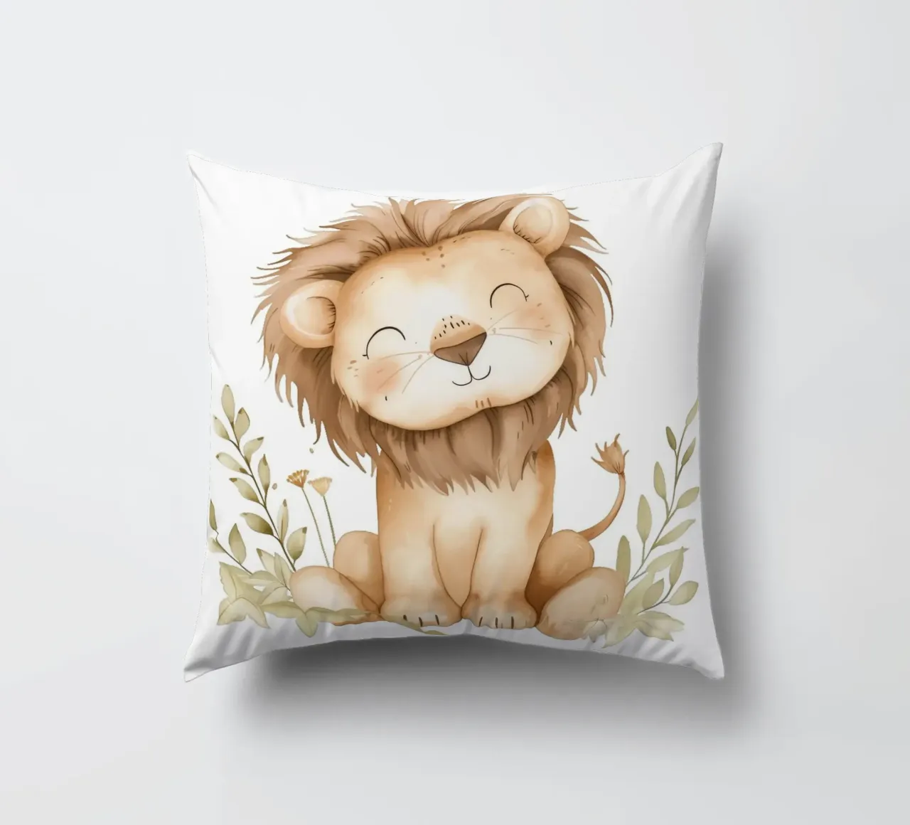 Stampa acquerellata di un leone sorridente - Vivaio Boho Safari cuscino da ClubArt