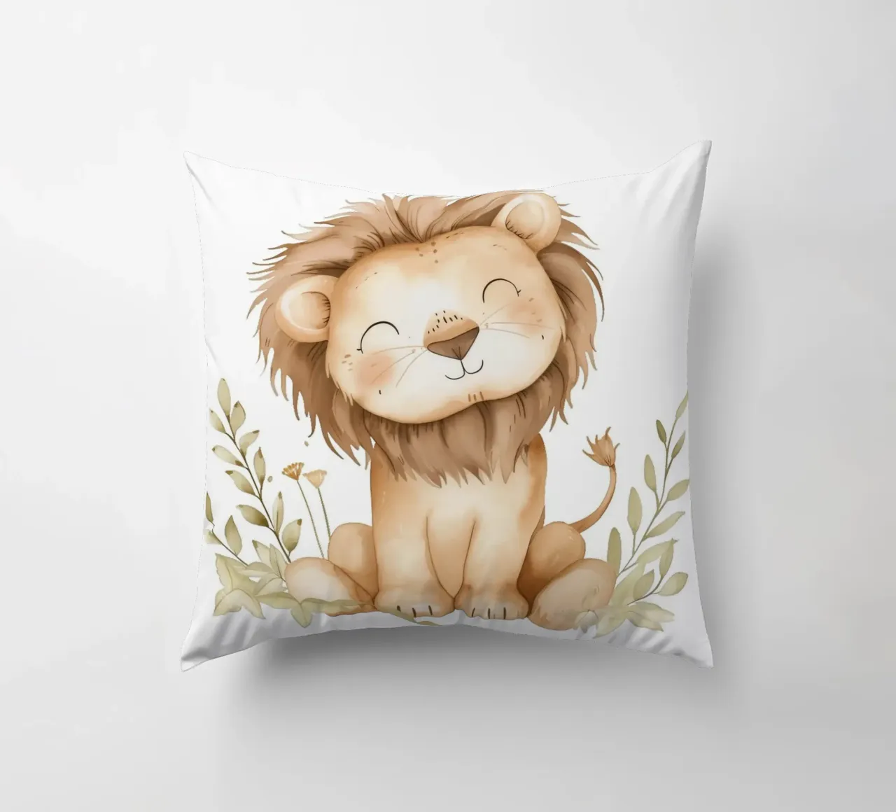 Stampa acquerellata di un leone sorridente - Vivaio Boho Safari cuscino da ClubArt