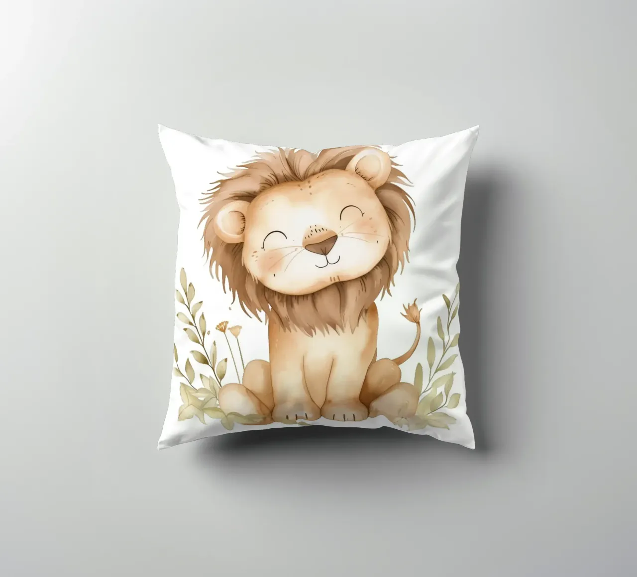 Stampa acquerellata di un leone sorridente - Vivaio Boho Safari cuscino da ClubArt