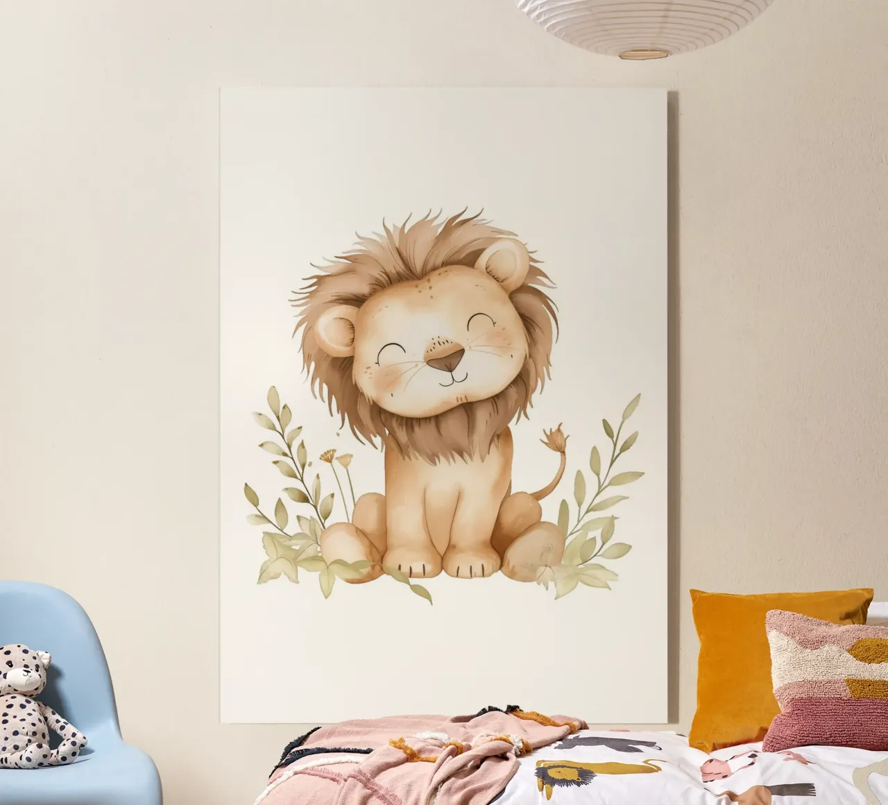 Stampa acquerellata di un leone sorridente - Vivaio Boho Safari plexiglass da ClubArt