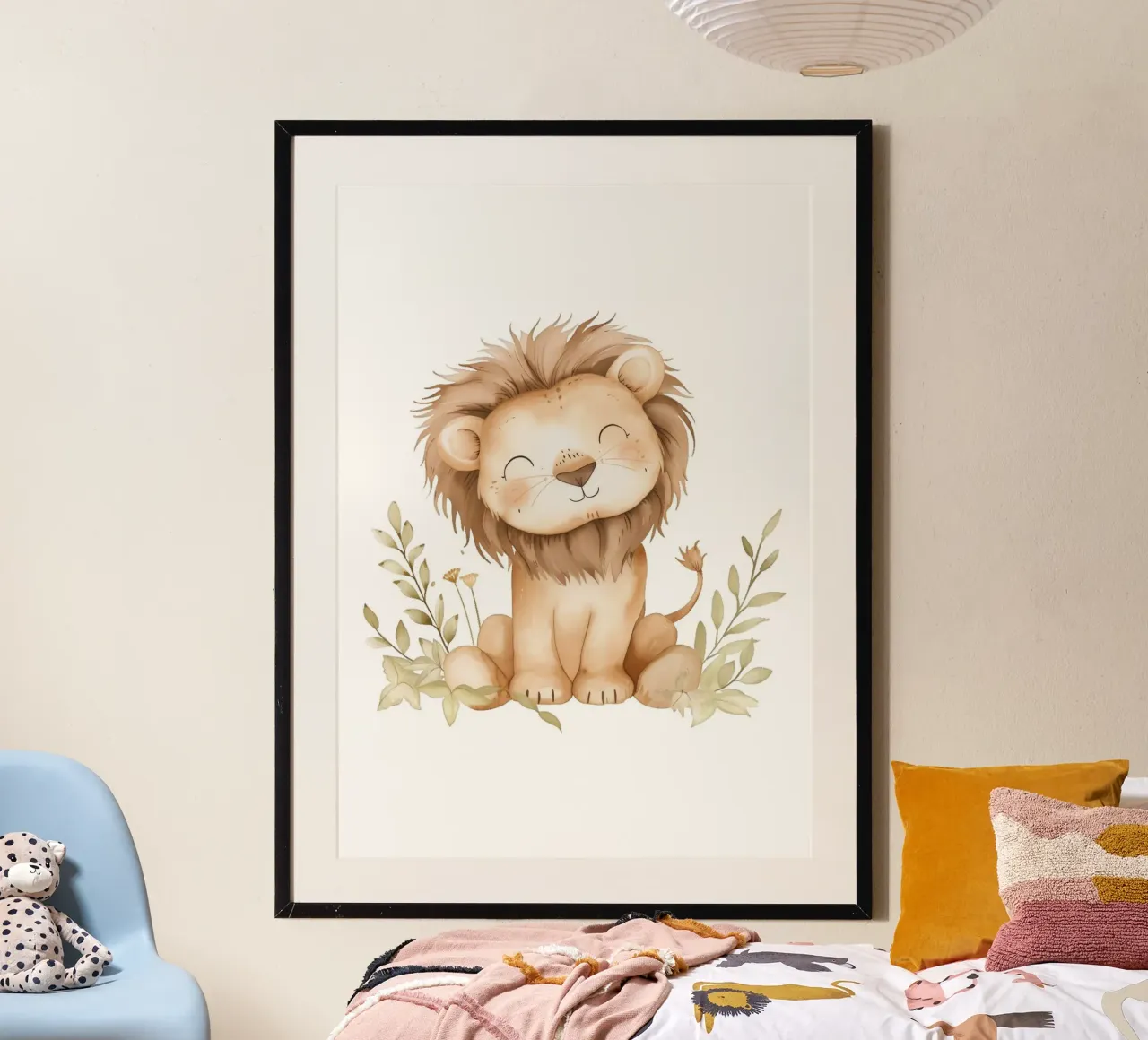 Stampa acquerellata di un leone sorridente - Vivaio Boho Safari poster con telaio in legno da ClubArt