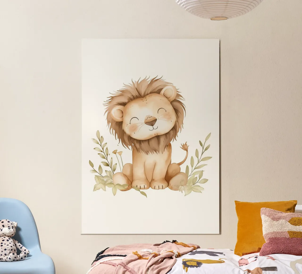 Stampa acquerellata di un leone sorridente - Vivaio Boho Safari poster con telaio in legno da ClubArt