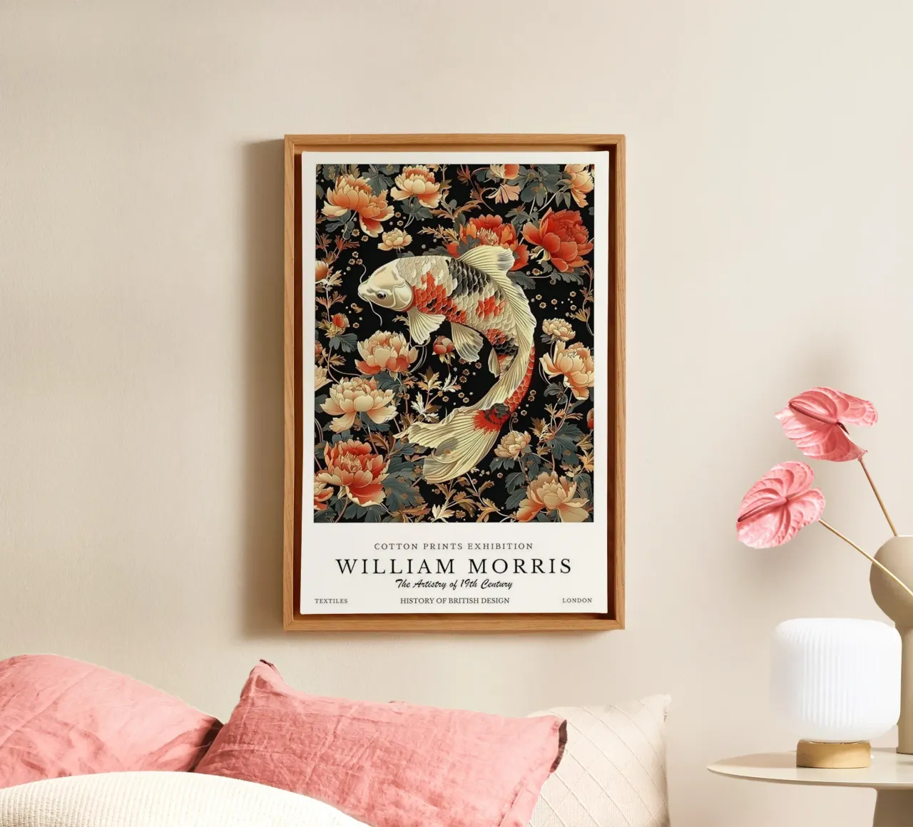 peces koi y bellas flores william morris lienzo con Marco flotante de komo store