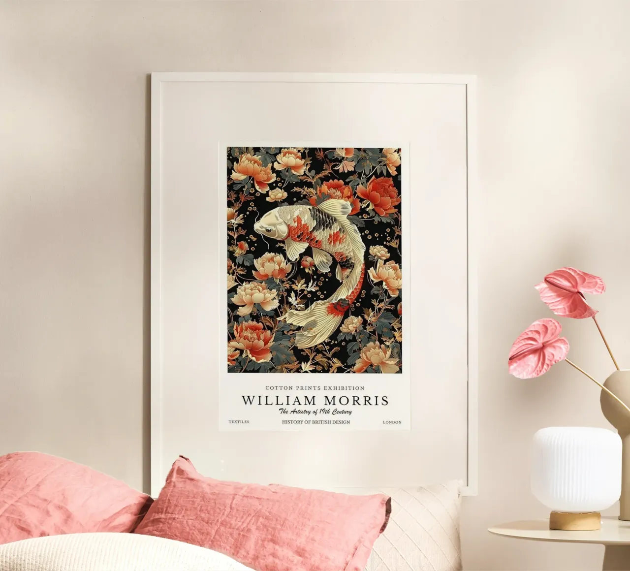 pesci koi e bellissimi fiori william morris poster con telaio in legno da komo store