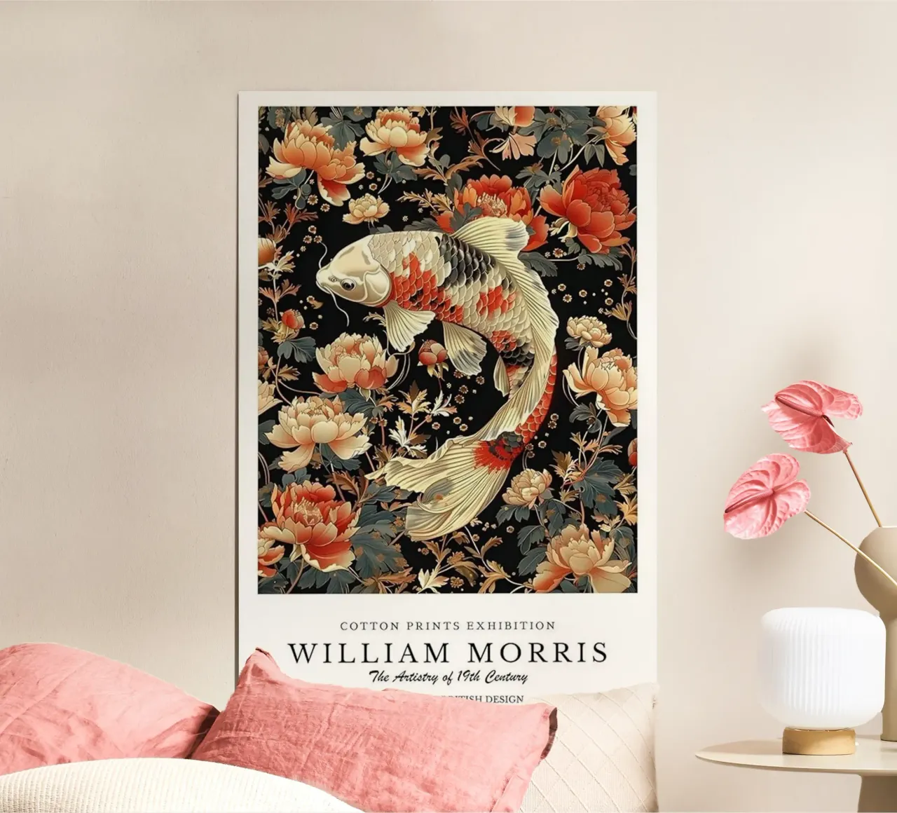 pesci koi e bellissimi fiori william morris poster con telaio in legno da komo store