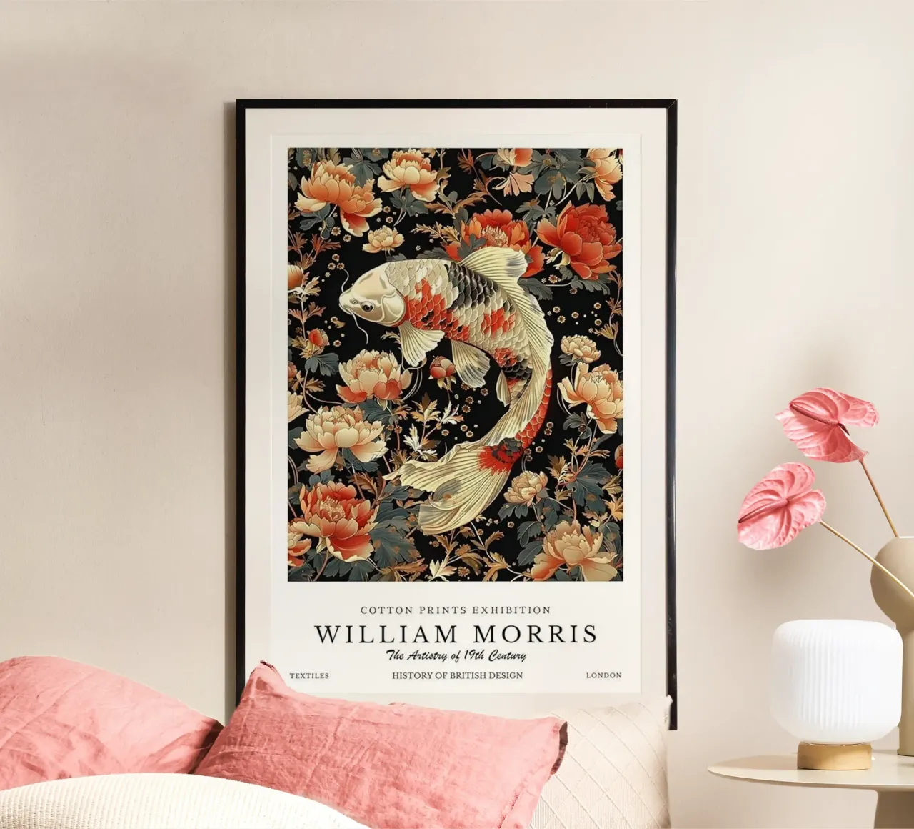 pesci koi e bellissimi fiori william morris poster con telaio in legno da komo store