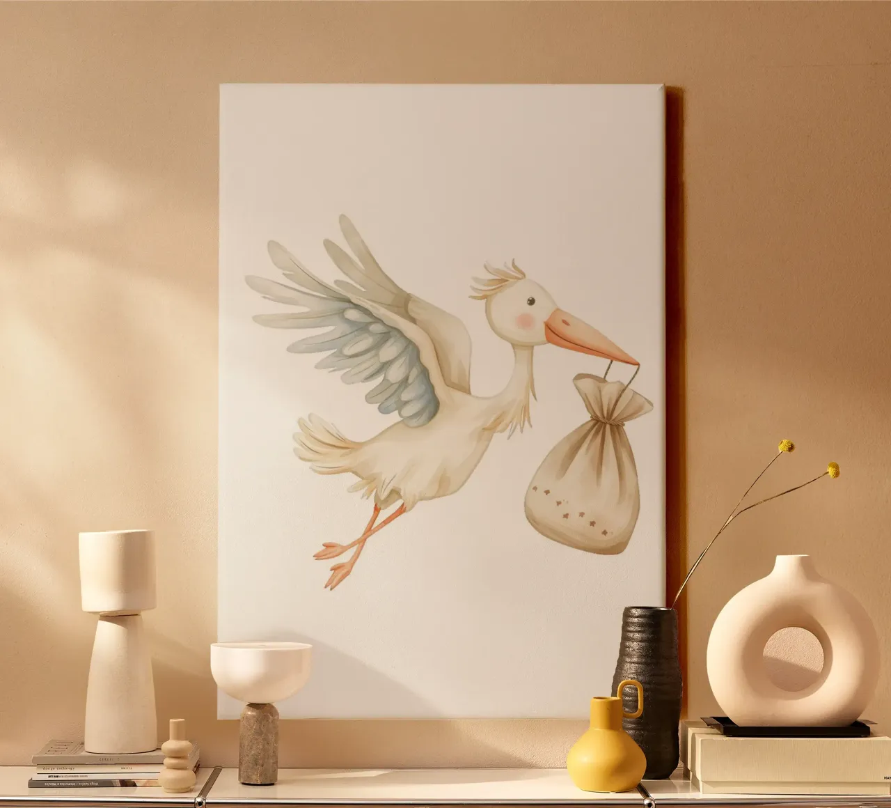 Baby Bevalling Ooievaar Aquarel Print - Kinderkamer & Geschenk Kunst canvas met Baklijst van ClubArt