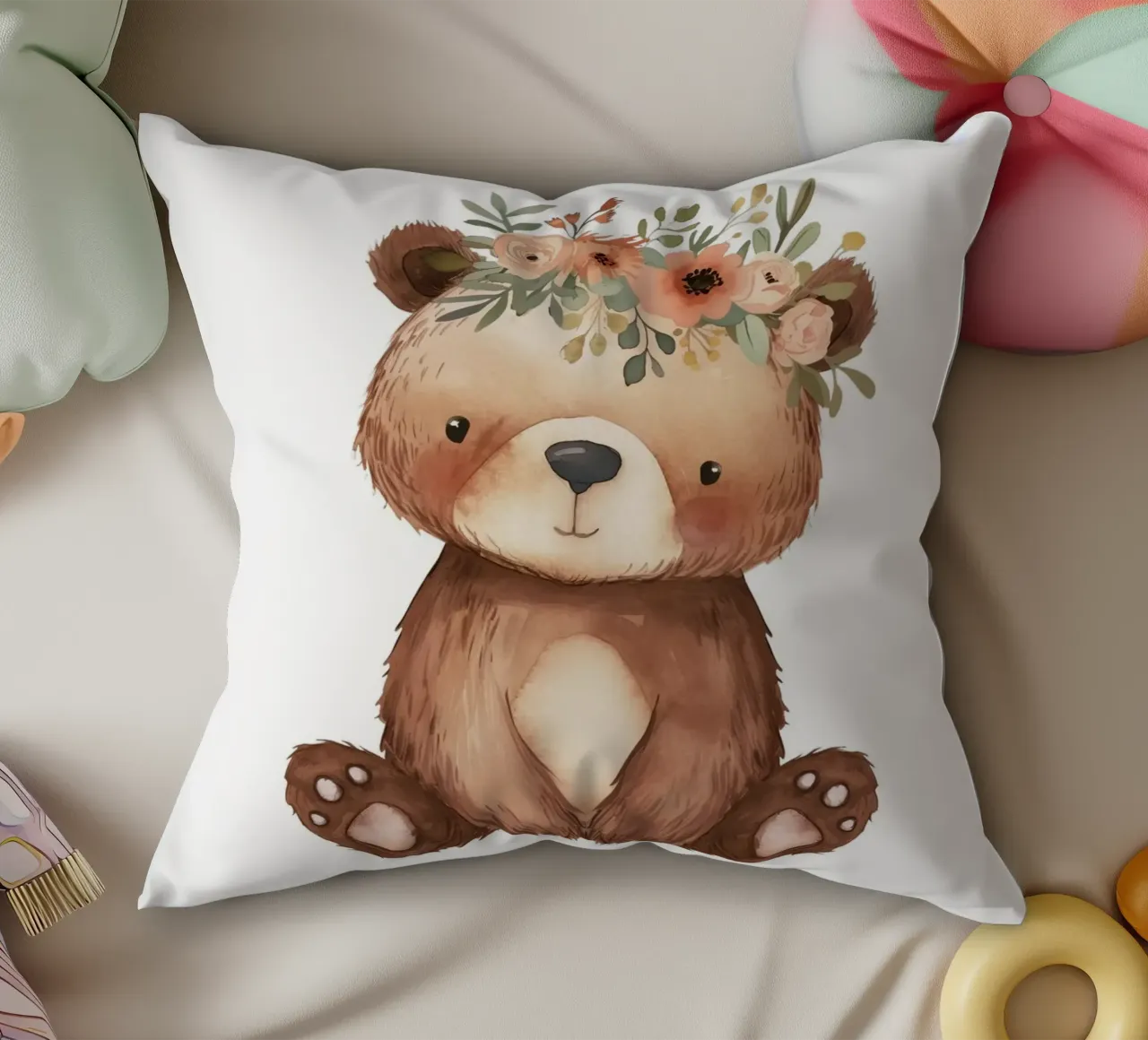Orso bohémien con corona di fiori - Arte vivaistica del bosco cuscino da ClubArt