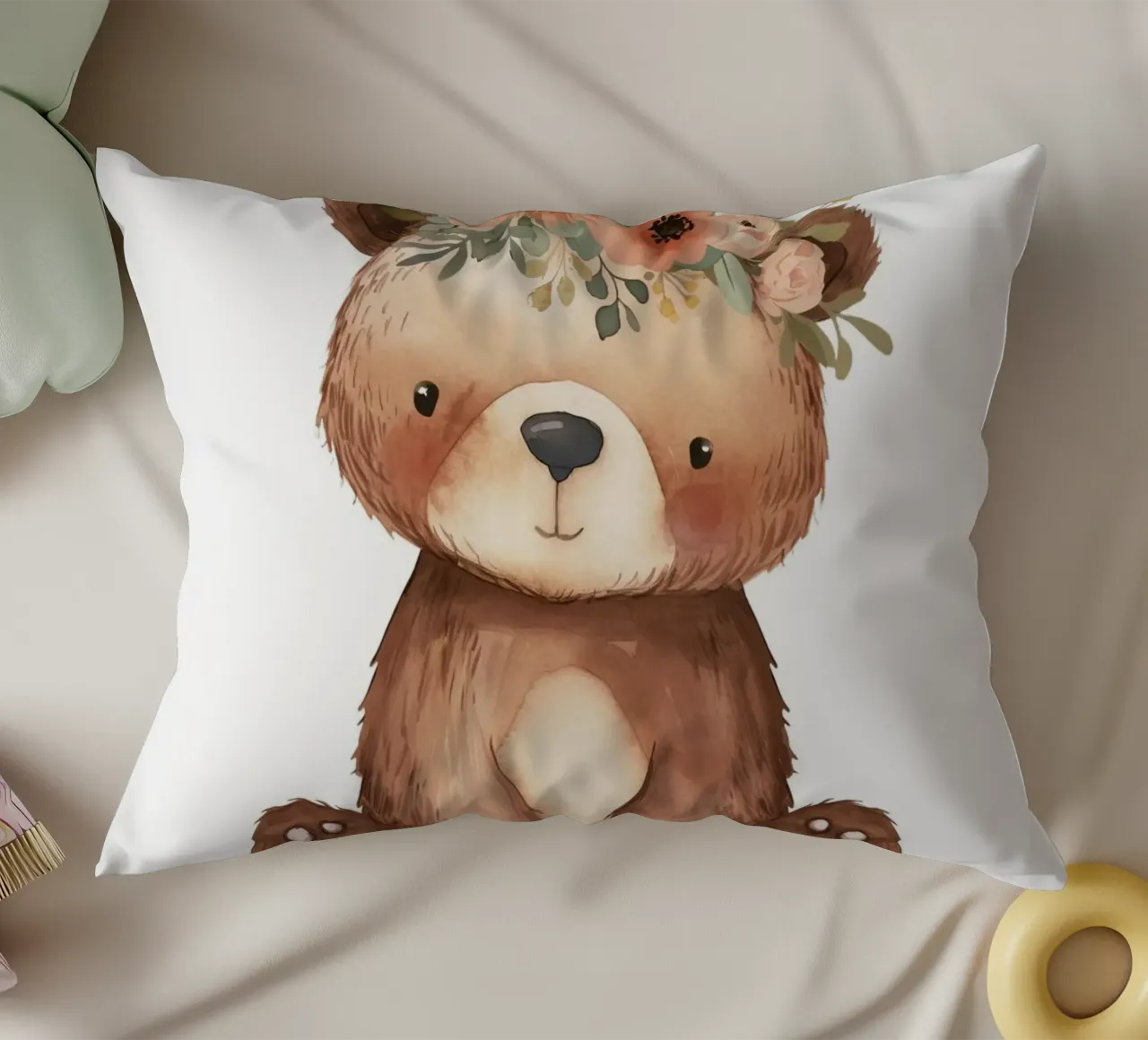Orso bohémien con corona di fiori - Arte vivaistica del bosco cuscino da ClubArt
