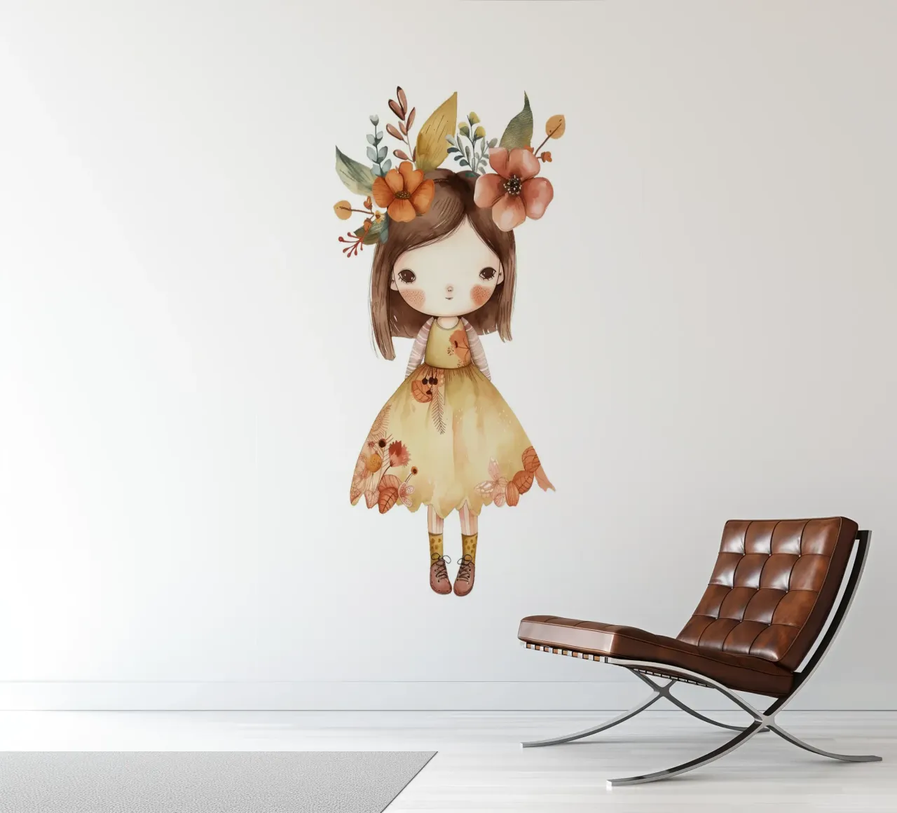 Herfst Meisje met Bloemenkroon - Boho Kids Aquarel Kunst fotobehang van ClubArt